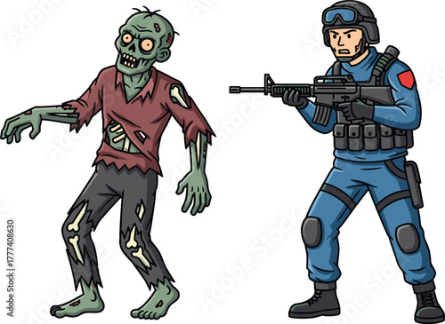 Zombie and soldier confrontation, cartoon horror battle, tactical defense illustration, undead threat vector, survival action scene, armed response character design, apocalypse concept art