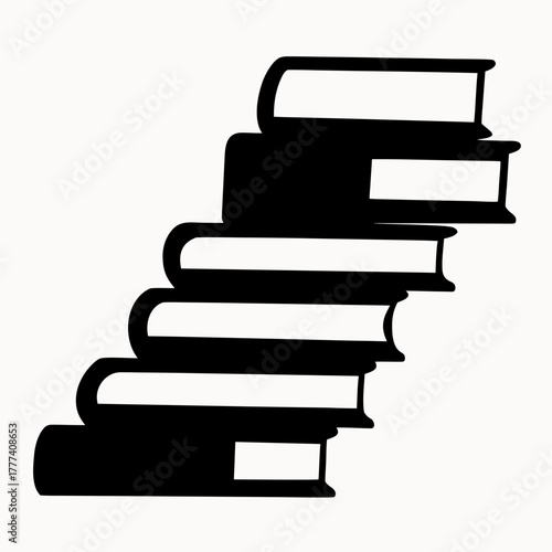 A stack of seven books in black and white with varying thicknesses and positions on a white background