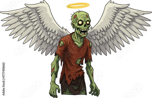 Zombie angel character, horror fantasy vector, undead creature, glowing eyes, white feathered wings, golden halo, tattered red shirt, black pants, creepy divine monster