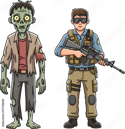 Zombie and soldier vector, cartoon horror scene, tactical combat illustration, undead threat design, survival action concept, armed character art, apocalypse defense theme
