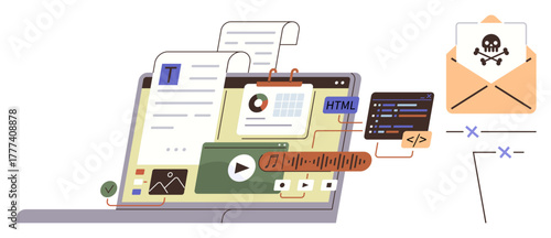 Laptop displaying text, charts, and media files, connected to coding scripts and a malicious email. Ideal for cyberattack awareness, data security, system protection, online risks, phishing
