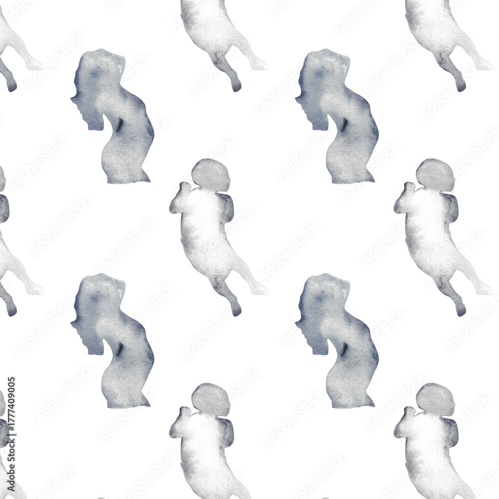 Obraz premium Watercolor baby and pregnant woman silhouette blue print.Hand painted silhouette motherhood element pattern on white background.