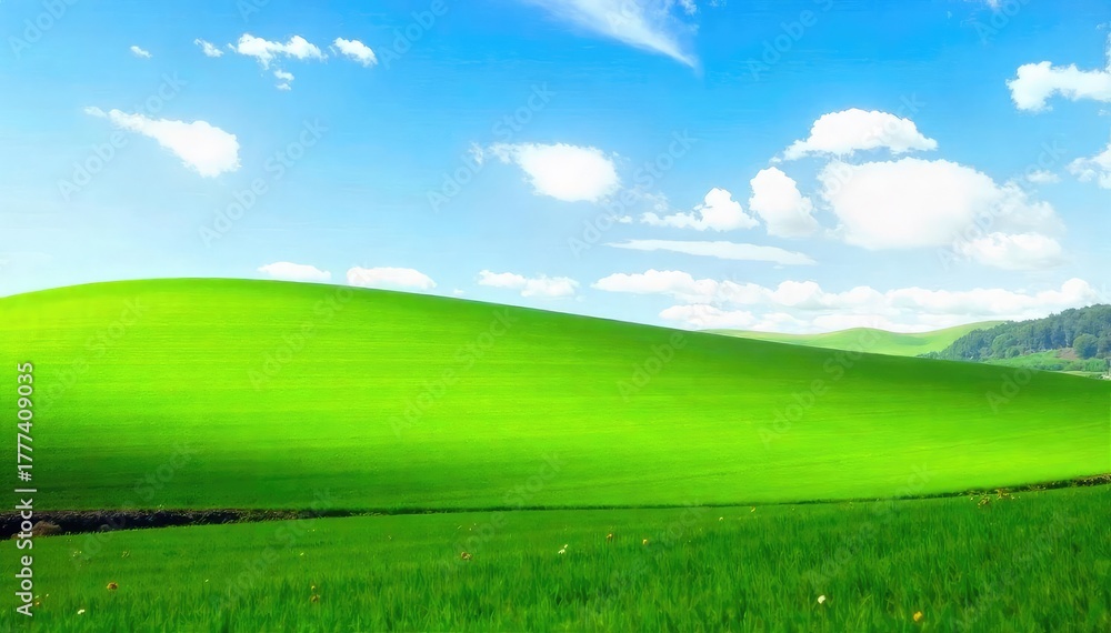 Obraz premium Serene landscape featuring a vibrant green field extending to a verdant horizon under a clear sky Perfect for nature, environmental, and spring themes , field, daylight