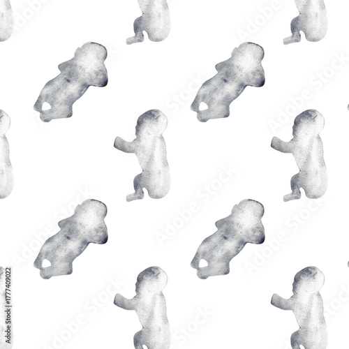 Watercolor baby silhouette blue print.Hand painted silhouette motherhood element pattern on white background.