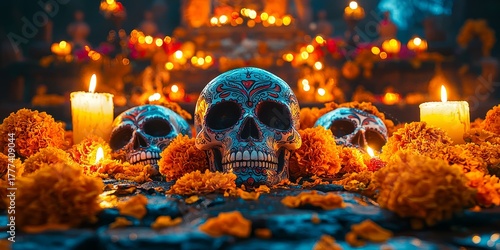 Bright and Festive Día de los Muertos Celebration | Colorful Day of the Dead Artwork with Traditional Elements | Vibrant Mexican Holiday Scene with Sugar Skulls and Flowers | Joyful Día de Muertos