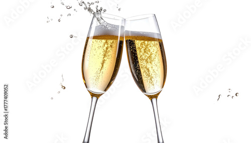 Two champagne glasses clinking, sparkling golden drinks