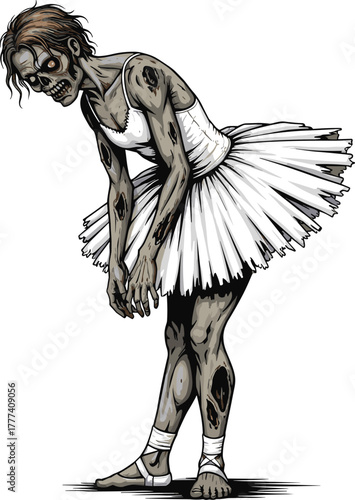 Zombie ballerina vector, cartoon undead dancer in white tutu and ballet shoes, Halloween horror illustration, creepy performance character, scary elegant monster