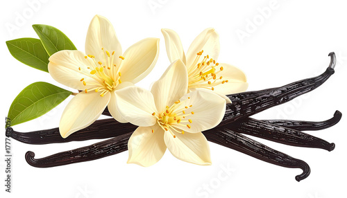 Vanilla flowers bloom beside aromatic dark vanilla bean pods