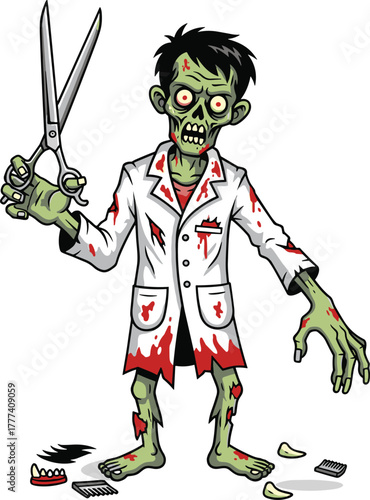 Zombie barber character illustration, undead grooming concept, horror haircut theme, creepy salon figure, decayed professional art, eerie scissors design, dark hairstyling satire