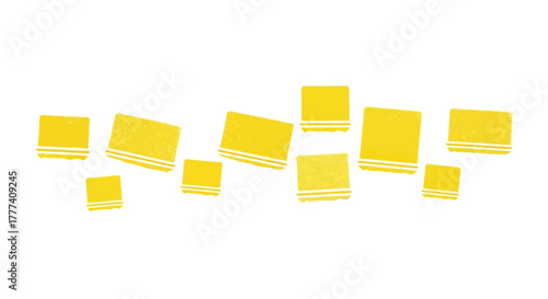 Scattered yellow squares with white lines float on a white background arranged horizontally