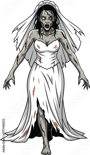 Zombie bride cartoon character in bloodstained wedding dress, horror undead theme, scary Halloween monster vector, aggressive pose, glowing eyes, isolated design