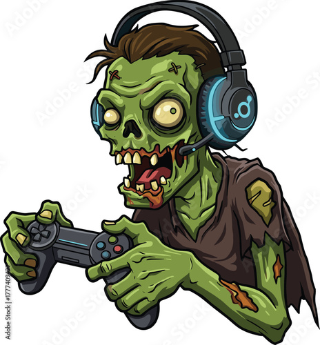 Zombie cartoon character, horror gamer, undead playing video game, spooky headset, Halloween vector, creepy gaming scene, glowing eyes, tattered clothes, green monster