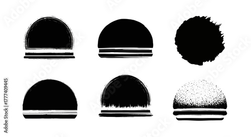 Six black stylized burger iconslogos of various textures arranged in two rows against a white background