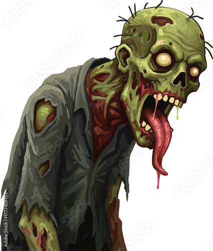 Zombie cartoon character, horror vector, undead monster, glowing eyes, dripping tongue, scary Halloween theme, grotesque face, tattered shirt, creepy undead, green skin