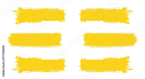 Six yellow brush strokes are arranged in two columns three in each on a white background