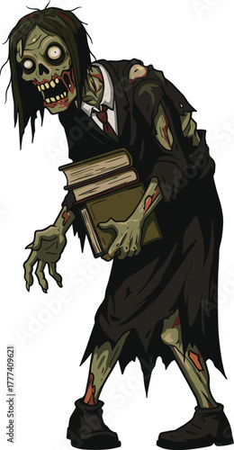 Zombie cartoon character, undead scholar, horror academic, Halloween vector, spooky education theme, green monster, creepy student, scary book lover, tattered suit