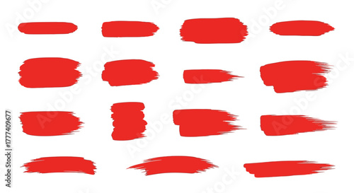 Sixteen red brushstrokes of varying sizes and textures arranged in a rectangular grid on a white background