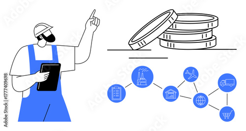 Factory worker holding a tablet and pointing at supply chain icons connected by a network, with stacked coins. Ideal for manufacturing, logistics, finance, industry, planning, collaboration
