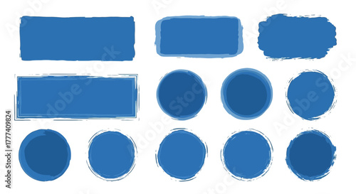 The image displays a set of blue paint stroke shapes including rectangles and circles with varying styles and textures