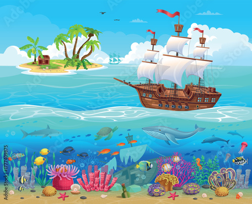 Deck on a pirate ship with cannons, pirate flag, barrels and boxes and with a treasure chest with an island on the horizon with a large coral reef. A beautiful backd Vector. Cartoon
