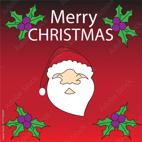 Red Merry Christmas Greeting Card with Santa Face and Holly Leaves