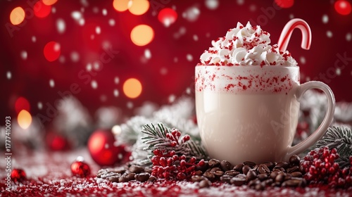 Wide banner composition, peppermint latte with whipped cream and candy cane in center, surrounded by festive holiday elements, red and white color scheme, scattered peppermint candies, coffee beans