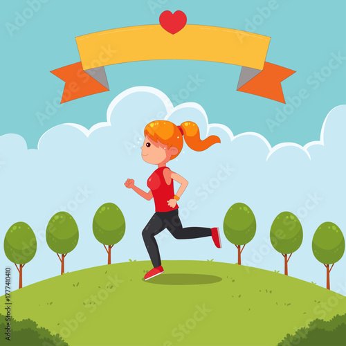 Cartoon woman jogging on a green hill under a banner with a heart in the sky surrounded by trees promoting fitness and healthy lifestyle choices in a bright and cheerful scene