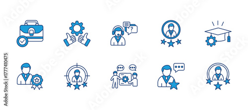 Expert thin blue icon set. Containing work, practice, service, experience, mastery, qualification, talent, mentor, specialist. Vector illustration