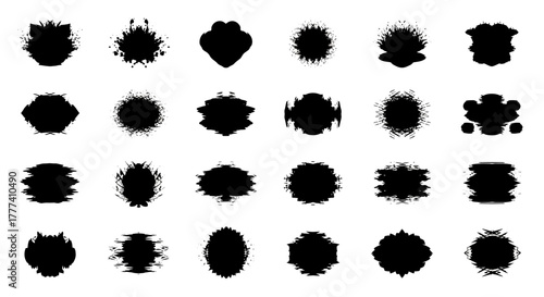 Twenty black ink blots in four rows some with splatters shapes ranging from round to oval