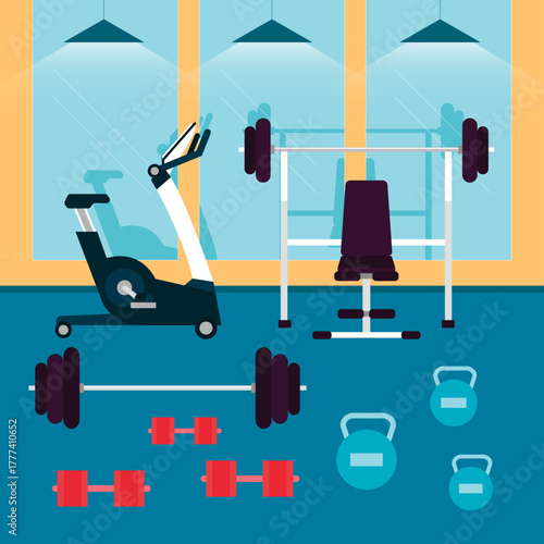 Modern gym interior featuring exercise bike weightlifting bench dumbbells and kettlebells for fitness training and strength building in a clean and minimalist style