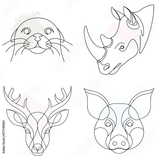 Seal, Rhino, Deer, Pig Heads in Minimalist Line Art Style Keywords: seal, rhino, continuous line art bundle