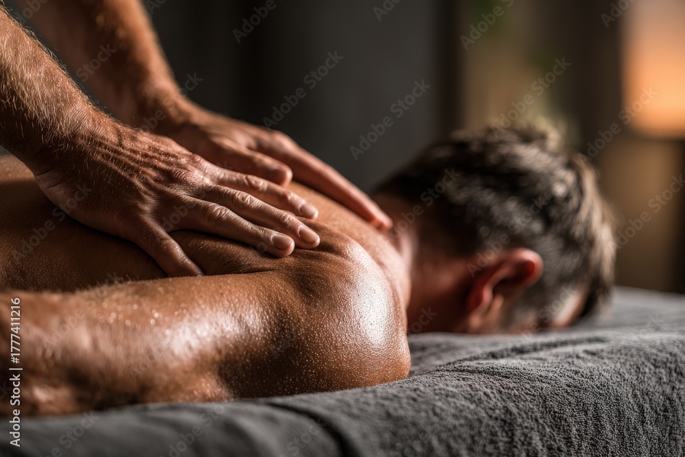 Fototapeta premium Male receiving therapeutic massage in a serene spa environment, with soft lighting and calming textures, promoting relaxation and wellness through skilled hands-on techniques