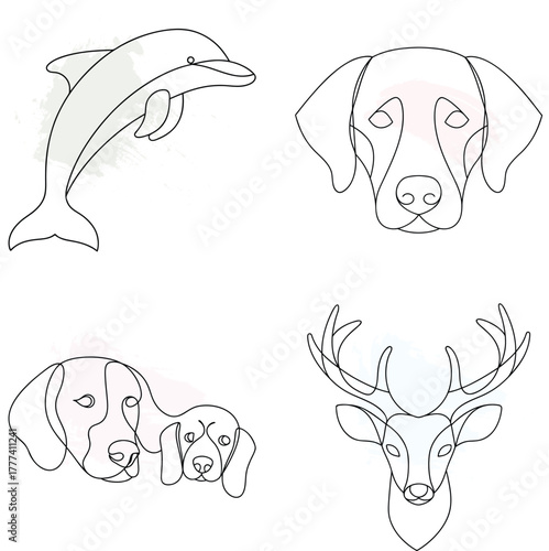 Minimalist Line Art Animal Portraits Dolphin Dog Deer Dog Heads Keywords: dolphin, continuous line art bundle