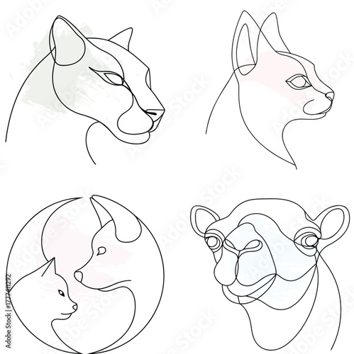 Minimalist Line Art Animal Portraits Cat Camel Fox Panther Heads Keywords: cat, continuous line art bundle
