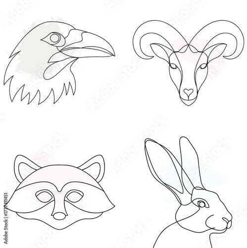 Minimalist Line Art Animal Heads Eagle Ram Raccoon Rabbit Keywords: eagle, ram, continuous line art bundle