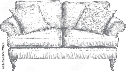 Vintage engraving of a cozy classic sofa with cushions — elegant line art interior element in black, gray, white tones.