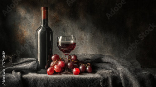 A still-life of a red wine bottle, a glass, and grapes on a rustic surface. The ambiance suggests a luxurious, indulgent moment