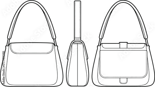 Cad drawing flat vector illustration, technical handbag sketch, fashion accessory blueprint, front side back view, isolated white background