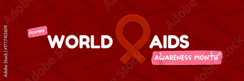 World AIDS awareness month retro banner with red ribbon. World HIV awareness month starts in December. Red ribbon with text isolated on grey background. World AIDS Day December 1st