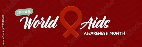 World AIDS awareness month retro banner with red ribbon. World HIV awareness month starts in December. Red ribbon with text isolated on grey background. World AIDS Day December 1st