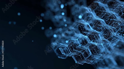 Intricate blockchain technology represented by a dynamic abstract hexagon pattern shining against a dark background