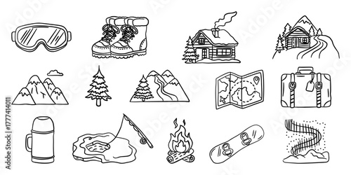 Collection of hand-drawn winter adventure and cabin doodles