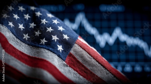 Visualizing economic decline: us flag overlaid on falling stock figures. Premium design. Navy blue downturn: us flag waving before plummeting stocks. Majestic beauty. High-end fashion.