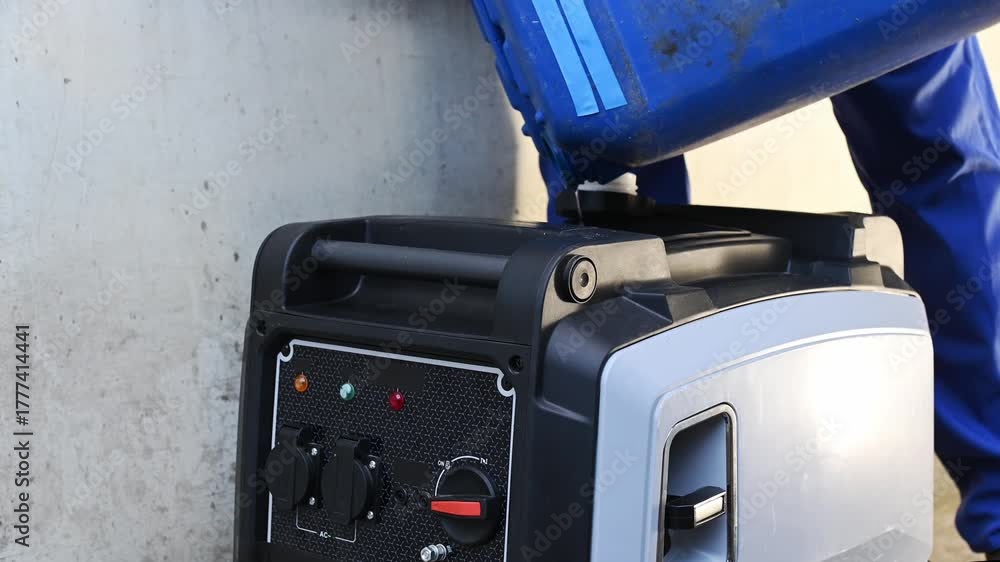 Man Starting Generator Man starts a gasoline-powered portable inverter generator. A worker ...