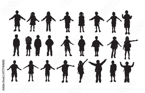 Silhouette of children going to school wearing uniforms and bags

