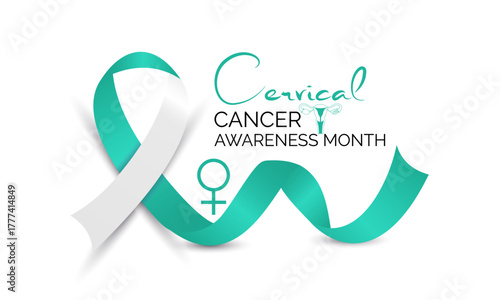 Cervical Cancer Awareness Month promotes prevention and early detection. Support women’s health with teal and white ribbons and awareness campaigns. Banner poster background design template. Vector.