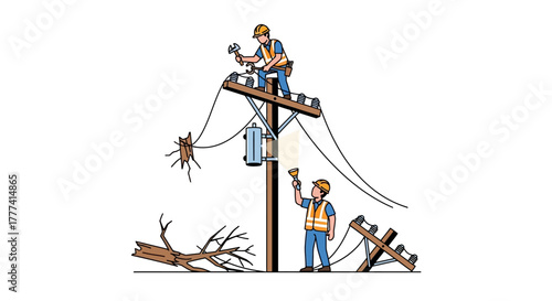 Electrical power line repair crew working on a utility pole illustration. Flat Vector Illustrations. EPS Editable