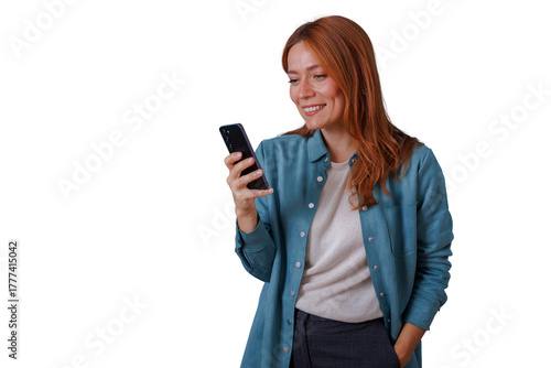 Redhead woman smiling, using smartphone for communication and social networking on transparent background