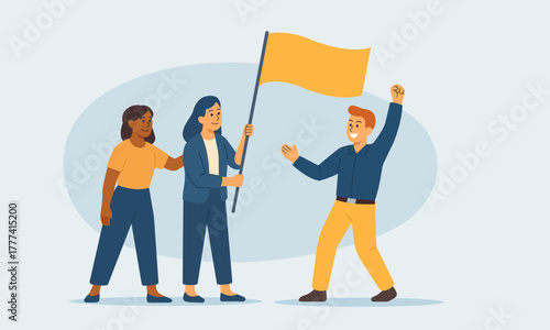 Flat vector illustration of a diverse office team celebrating success with a flag. Symbol of teamwork, leadership, cooperation, and shared achievement. 