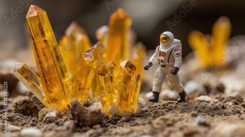 A tiny astronaut mining glowing gold crystals on an alien planet, a surreal metaphor for future resource forecasting, exploration, the limitless potential of human innovation in cosmic frontiers.